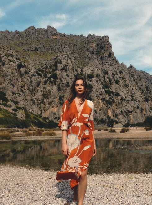 Topacio Crepe Chine Tunic Dress / Orange Gladiolos